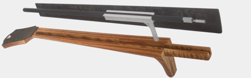 Présentation du manche en détail soutenu par un Trussrod avec le renfort en carbone