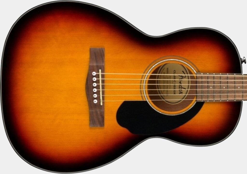 Présentation en détail de la rosace et du chevalet de la guitare acoustique Parlor Fender CP-60S