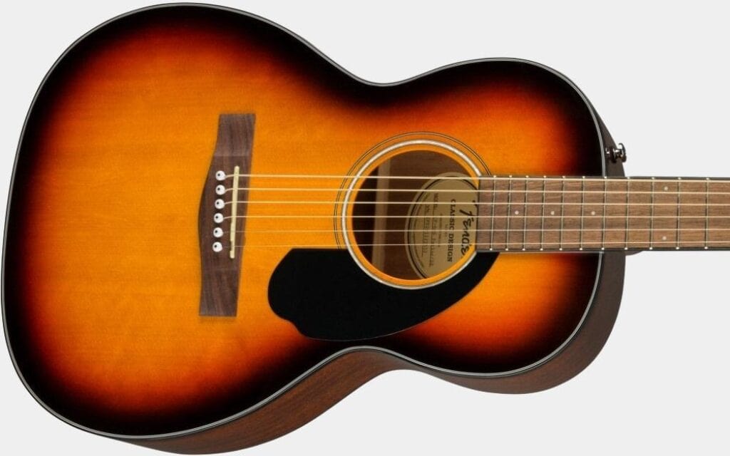 Présentation en détail de la caisse de la guitare Parlor Fender CP-60S Sunburst