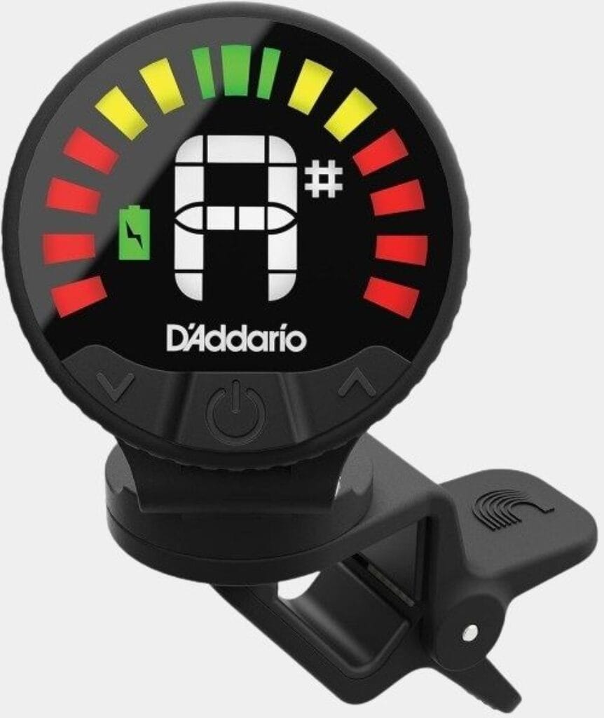 Vue en détail de l'idée cadeau pour guitariste avec l'accordeur D'Addario PW-CT-26