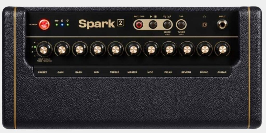 Présentation de dessus en détail de l'ampli guitare Positive Grid Spark 2 avec vue complète de tous les réglages disponibles