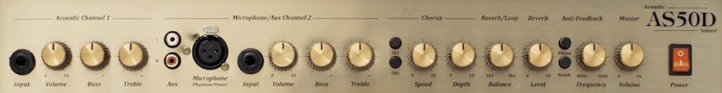 Présentation du panneau de contrôle et des réglages de l'ampli acoustique Marshall AS50D