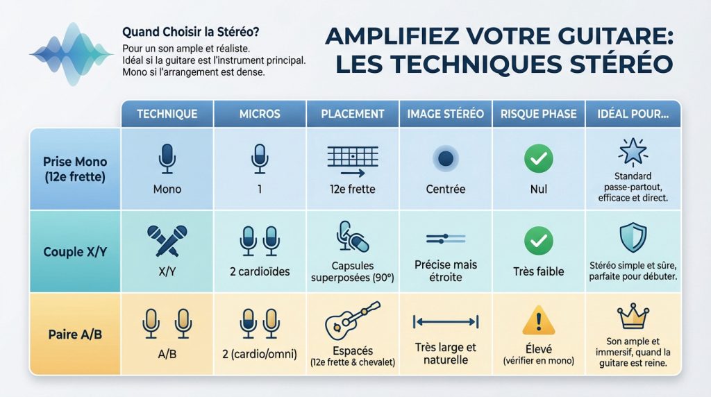 Techniques d'enregistrement stéréo pour guitare acoustique : placement des micros X/Y et A/B