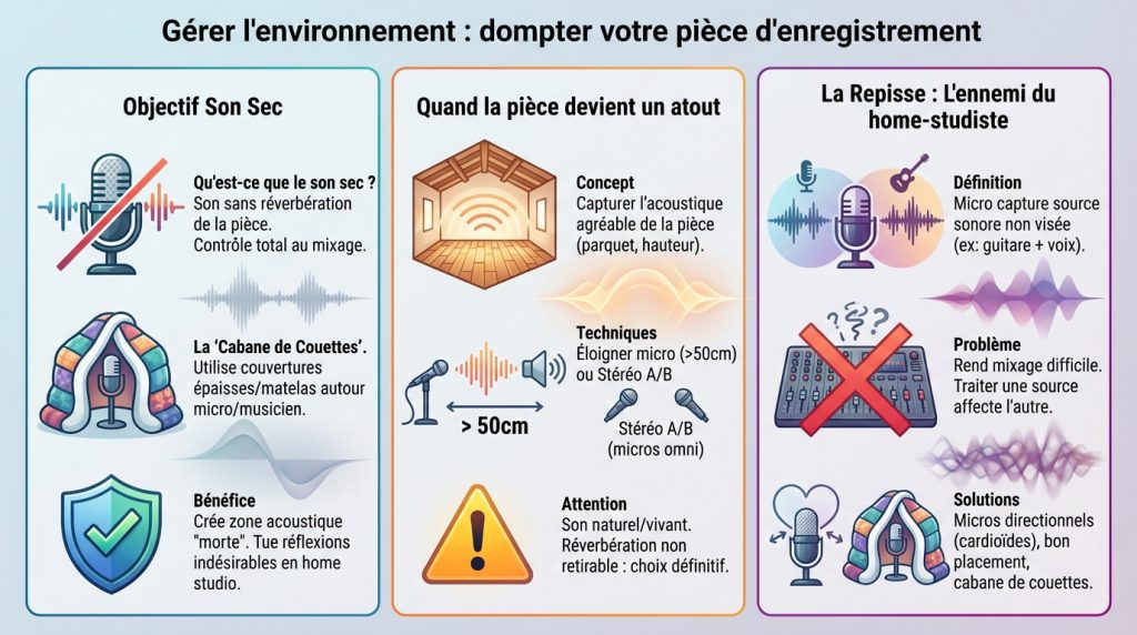 Musicien ajustant des panneaux acoustiques et des couvertures pour optimiser l'enregistrement d'une guitare acoustique à la maison