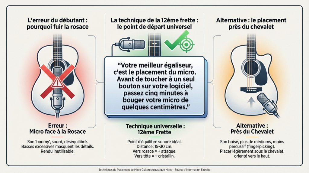 Schéma illustrant les différentes techniques de placement de micro pour enregistrer une guitare acoustique : 12ème frette, chevalet et rosace.
