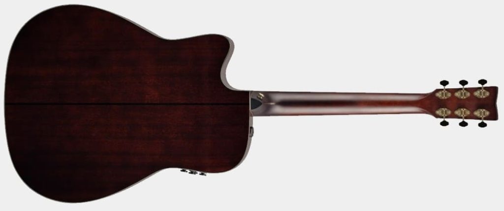 Présentation de dos de la guitare électro-acoustique Yamaha TAG3 C TransAcoustic Sandburst