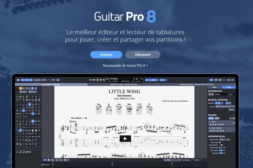 Guitar Pro 8 : l’éditeur affiche la partition et la tablature de Little Wing de Jimi Hendrix, avec les diagrammes d’accords au-dessus.
