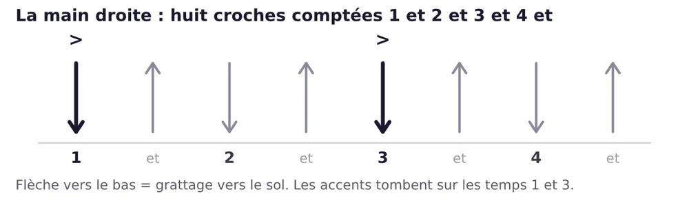 Huit flèches verticales alignées sur une ligne horizontale, alternant vers le bas et vers le haut. Sous chacune, le comptage 1, et, 2, et, 3, et, 4, et. Les première et cinquième flèches, qui tombent sur les temps 1 et 3, sont plus épaisses et surmontées d'un accent.